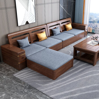 馨尊匠胡桃木实木沙发新中式客厅小户型冬夏两用布艺多功能沙发客厅