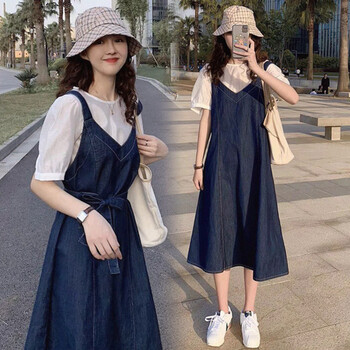 上衣秋天上衣大码女装牛仔夏装遮肚子显瘦套装微胖女生穿搭两件套2xl