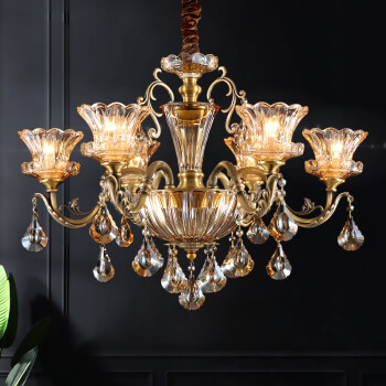 澳米欧式全铜水晶吊灯复式别墅复古纯铜三色光