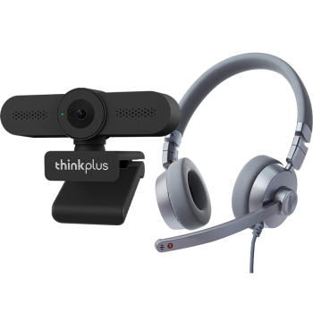 ThinkPlus联想200万像电脑摄像头学生网课耳麦头戴式耳机视频会议考研复试游戏直播客服摄像头耳麦套装