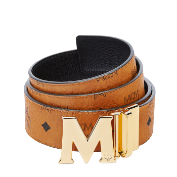 MCM 金色M logo板扣双面腰带干邑色/黑色4.5cm宽 MXBAAVI03CO001