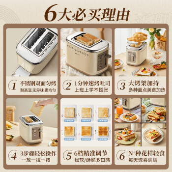 小熊 面包机 多士炉 烤面包机 早餐自动家用小型烤吐司机馒头不锈钢烤神器 DSL-C02M6