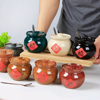 京清福 陶瓷调味罐家用盐罐厨房带盖福字辣椒油罐迷你小调料瓶 棕色