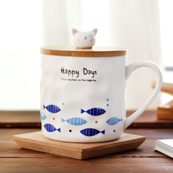 拜杰马克杯咖啡杯带勺带盖杯子早餐杯可爱小猫幻想鱼带盖勺水杯400ML