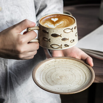 泰禧阁复古粗陶瓷咖啡杯碟套装拿铁美式小奢华高档精致杯鱼趣杯一对