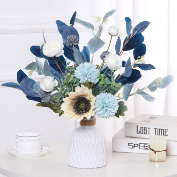 初卓轻奢仿真花假花玫瑰花向日葵花束干花装饰 白色网格瓶+蓝色花束