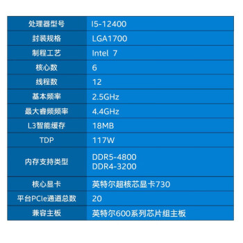 英特尔（Intel）  i5-12400  台式机盒装CPU酷睿12代 处理器 6核12线程 睿频至高可达4.4Ghz