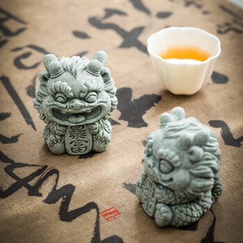 博为（BW）茶宠摆件仿石制狮子高档茶具配件可养吸财1对礼盒装
