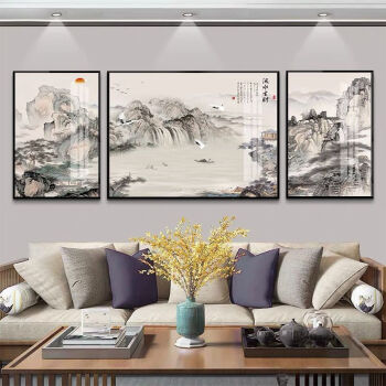 客厅装饰画中式现代简约沙发背景墙挂画山水画北欧三联画轻奢壁画流水