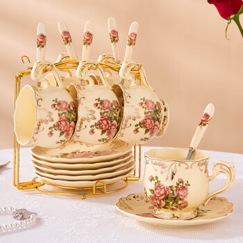 友来福咖啡杯套装 欧式红茶杯陶瓷下午茶杯子杯具六杯碟带架母亲节礼物