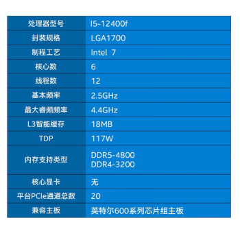 英特尔(Intel)酷睿 12代 CPU处理器i5-12400F 台式机 原盒
