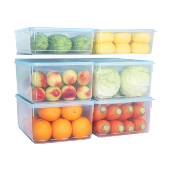 佳佰 冰箱储物盒大保鲜盒长方形塑料密封蔬菜水果抽屉式冷冻整理收纳盒 透明蓝大号3只装