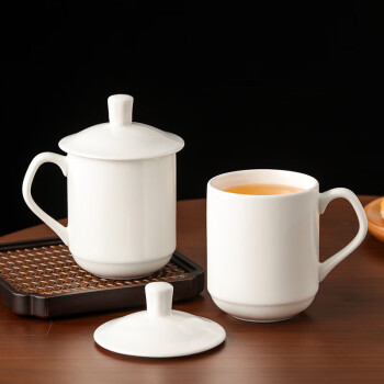 洁雅杰陶瓷茶杯 带盖水杯子(350ml)陶瓷茶杯陶瓷办公杯 纯白