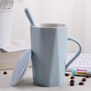 贝瑟斯简约办公室马克杯带盖带勺陶瓷杯创意牛奶杯菱形情侣杯蓝色可定制