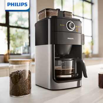 飞利浦（PHILIPS）美式咖啡机家用 豆粉两用 双豆槽自动磨豆预约功能 自动清洗 咖啡壶 HD7762/00