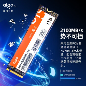 爱国者（aigo）1TB SSD固态硬盘 M.2接口NVMe协议 精选存储颗粒 P2000 读速2100MB/s 一体机台式机笔记本