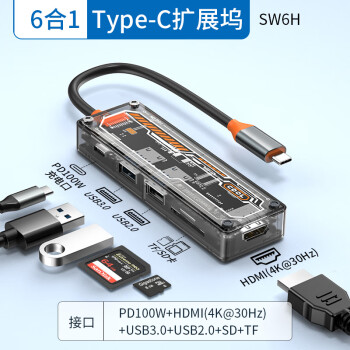 佳讯飞鸿（JIAXUN）笔记本拓展坞 【透明款-6合1】低电阻-满载不过热★智能芯片防止烧主板