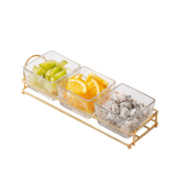 丹诗致远 玻璃分隔水果盘商用零食点心小吃碟盘  纯透明三格+架子