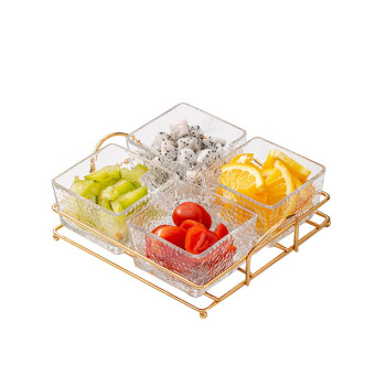 丹诗致远 玻璃分隔水果盘商用零食点心小吃碟盘  纯透明四格+架子