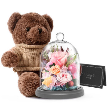 JoyFlower泰迪熊永生花玻璃罩礼盒520情人节生日礼物结婚送女朋友老婆实用