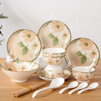 贺川屋碗碟套装家用日式餐具套装18头釉下彩陶瓷餐具整套 山茶花