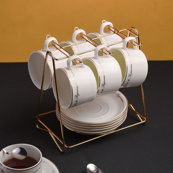 角堇 咖啡杯碟套装陶瓷杯红茶杯早餐杯牛奶杯6杯6碟6+杯架