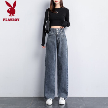 花花公子(playboy)牛仔阔腿裤女 2021新款早秋薄款宽松高腰直筒垂感