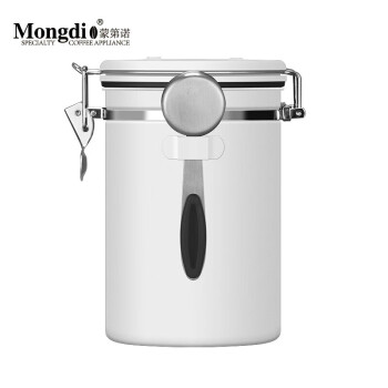 Mongdio 咖啡豆密封罐 白色304不锈钢咖啡粉保存罐单向排气咖啡罐含勺