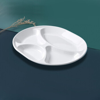 小月丫密胺仿瓷四格快餐盘 塑料盘子多格分餐盘食堂餐具 12英寸白色椭圆