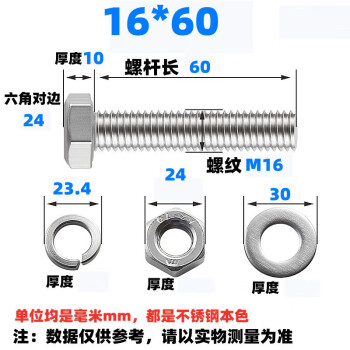 戎勋 304不锈钢外六角螺栓螺母垫片套装M16*60