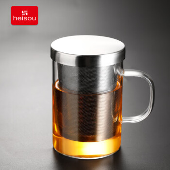 heisou泡茶杯茶水分离水杯子耐热玻璃带盖把手不锈钢过滤400mlKC801