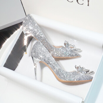 银色高跟鞋2022新款亮片钻水晶主纱婚鞋秀禾两穿新娘结婚礼服8cm6同款