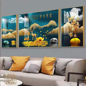 现代简约沙发后背景墙壁画三联挂画款15吉祥金鹿两边3040中间4060金框