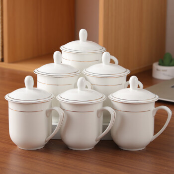 洁雅杰陶瓷茶杯 带盖水杯子(350ml)陶瓷茶杯陶瓷办公杯 6只装 贵族杯