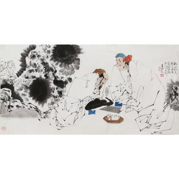 陕西名人书画王西京字画四尺横幅对弈图手绘名家人物国画带简历纯手绘