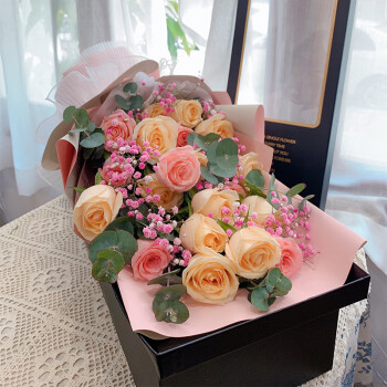 爱在此刻鲜花19朵混搭玫瑰礼盒生日礼物送女友女生老婆同城配送