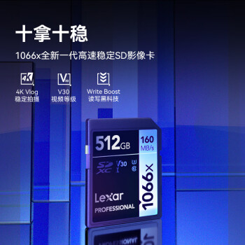 雷克沙（Lexar）512GB SD存储卡 C10 U3 V30 读160MB/s 写120MB/s 快上加稳4K流畅拍（1066x）