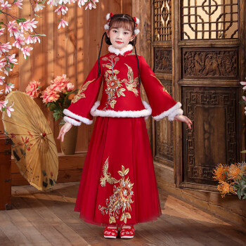 古装唐装拜年服女宝宝两件套中国风新年过年612岁潮l红色长款110cm
