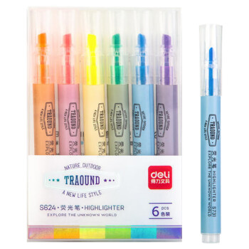 得力6色荧光笔套装S624 手帐可用水性记号笔 学生水彩笔 彩色醒目标记笔 
