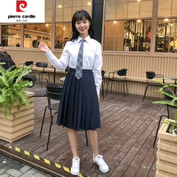 韩版初中夏季中学生春秋运动会女校服女生长袖衬衫藏青中裙领带2xl