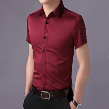 夏季男式短袖衬衫男青年男士衬衫韩版修身纯色衬衣男大码男装酒红色