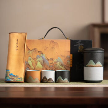 苏氏陶瓷（SUSHI CERAMICS）手绘釉画彩千里江山手抓壶礼盒套装中国风文创伴手礼