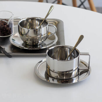 骏十七WN 不锈钢咖啡杯小众欧式双层304杯碟勺2件起拍 