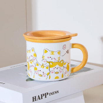 瓷魂陶瓷马克杯子咖啡杯 可爱小猫带盖勺水杯 猫咪带盖马克杯