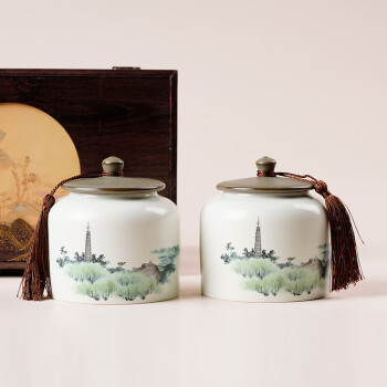 悟土古典木盒仿古陶瓷茶叶罐双罐空礼盒装红茶绿茶一斤装茶叶密封罐子