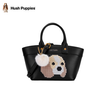 暇步士（Hush Puppies）手提包女优雅可爱包包女包品牌小狗刺绣款单肩包 黑色