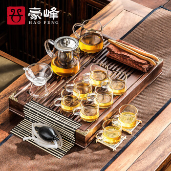 豪峰 整套功夫玻璃茶具套装家用实木茶盘托盘茶台茶杯茶壶茶具配件
