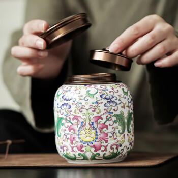 茶艺贵族瑾山珐琅彩(白)茶叶罐陶瓷密封罐双层锡盖大号单个