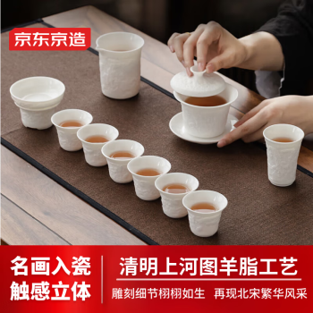 京东京造整套功夫茶具套装德化白瓷陶瓷茶具盖碗送礼清明上河图11件礼盒装