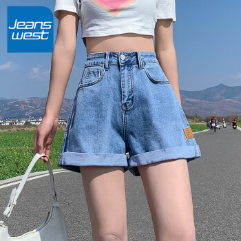 真维斯jeanswest牛仔短裤女夏季2022高腰宽松阔腿裤皮牌设计直筒裤子